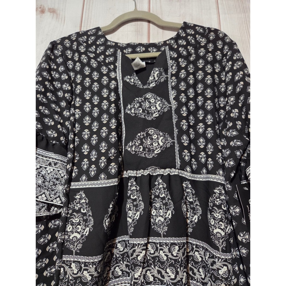 Une Ame Womens Black White Patterned Bell Sleeve Blouse XL NWT Boho Whimsigoth - Picture 3 of 7